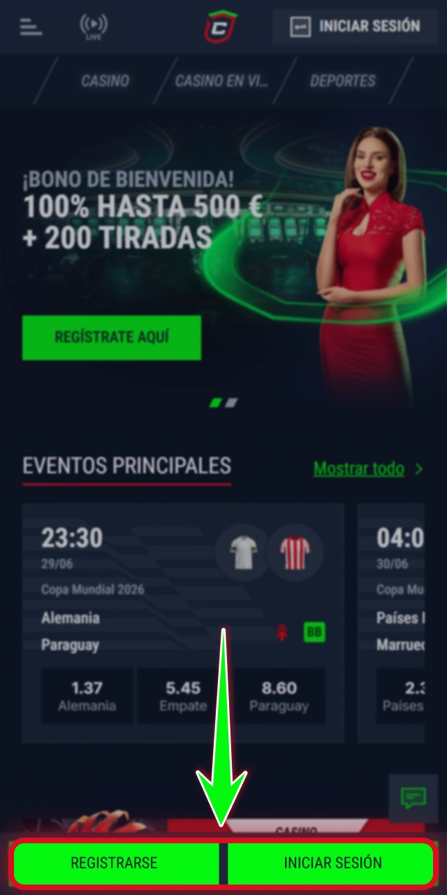 Abre la aplicación instalada e inicia sesión en Casinado oficial.