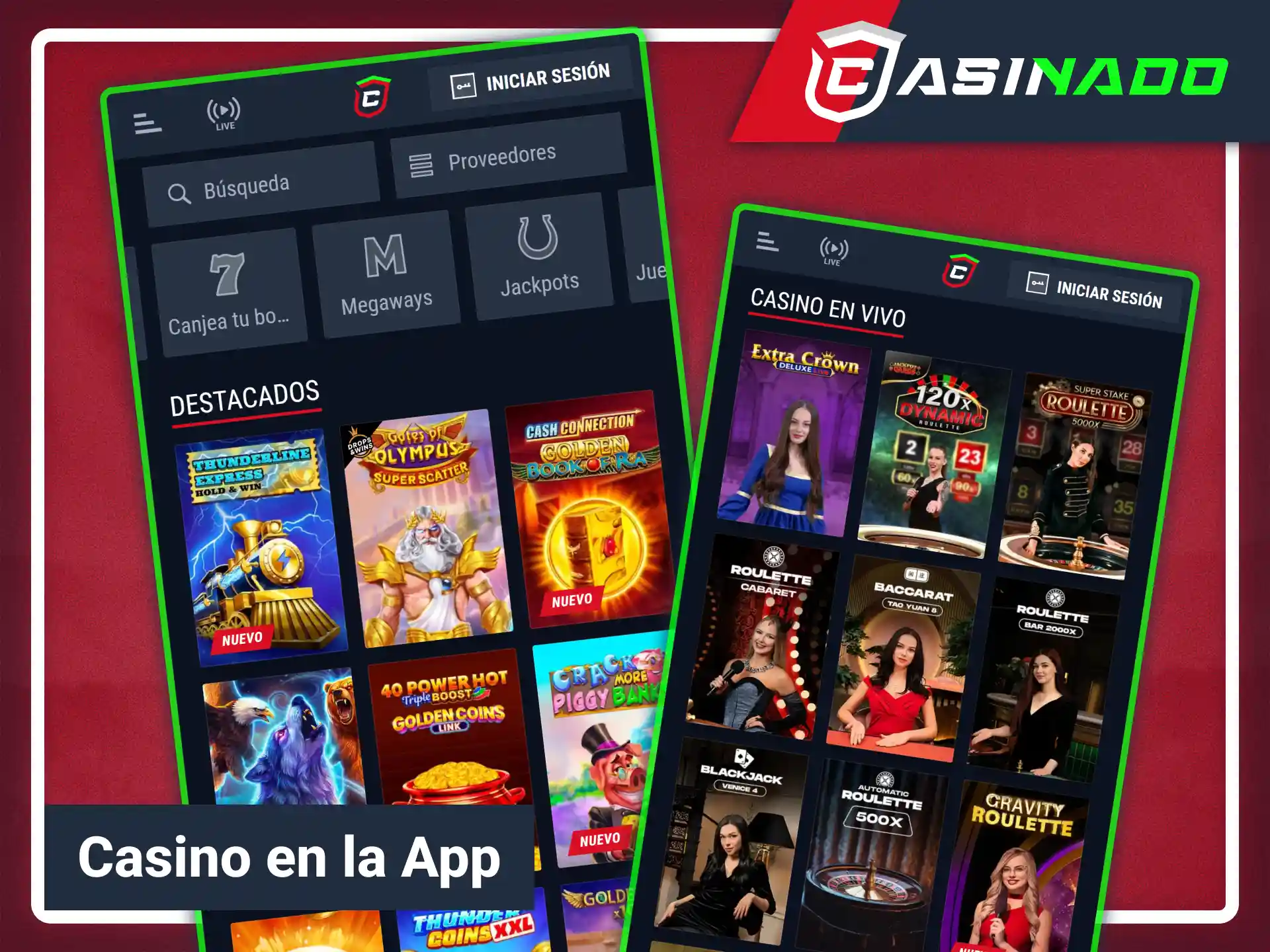 Juega a slots y ruletas en vivo con Casinado oficial.