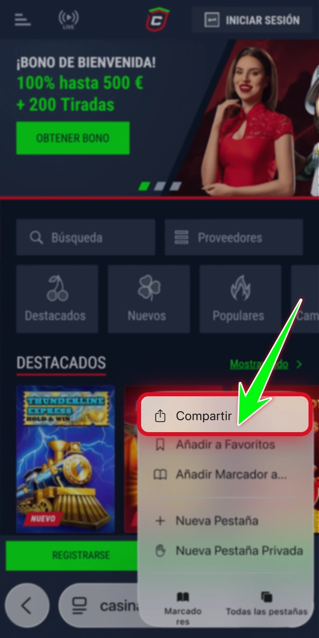 Abre las opciones de compartir en Safari con Casinado oficial.