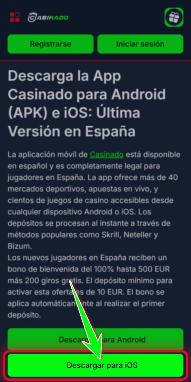 Pulsa el botón de descarga para iPhone en Casinado oficial.