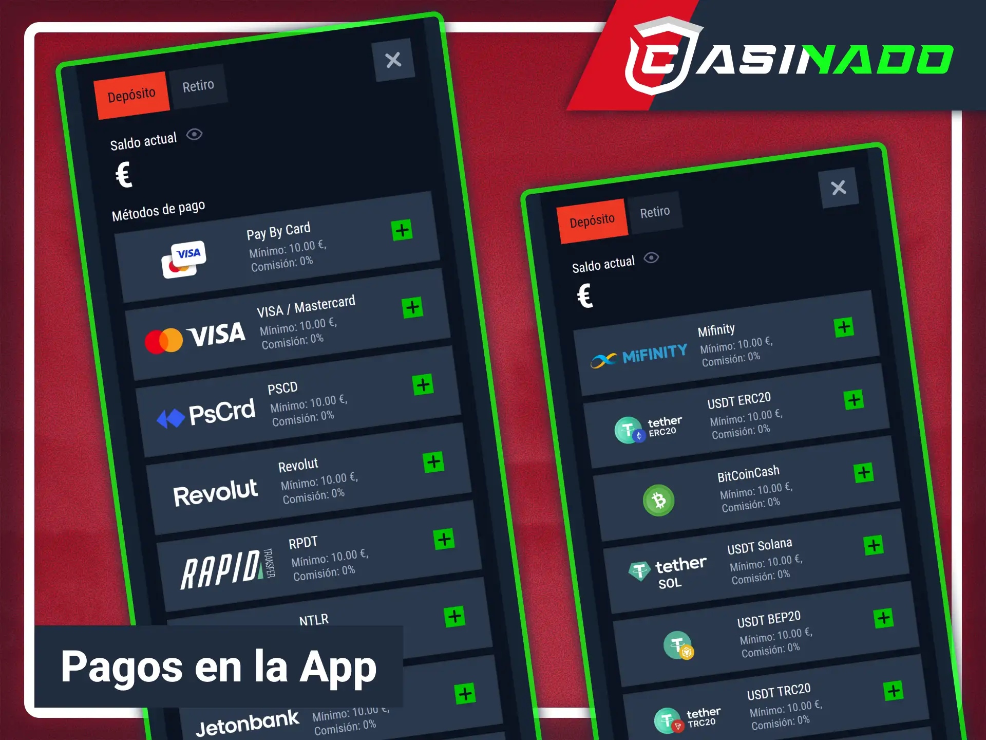 Realiza ingresos y retiradas de dinero mediante Casinado oficial.