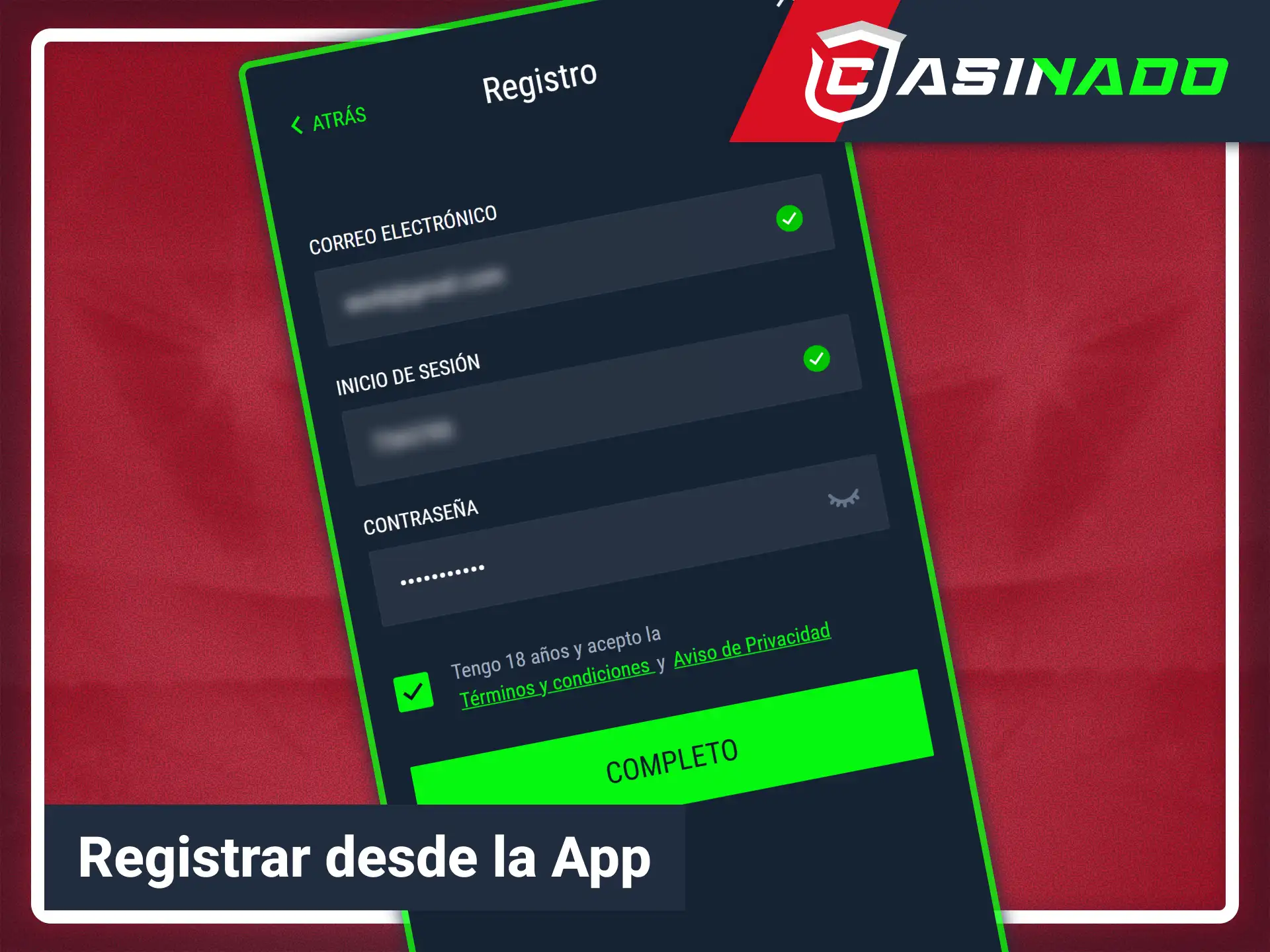Crea una nueva cuenta de usuario usando Casinado oficial.