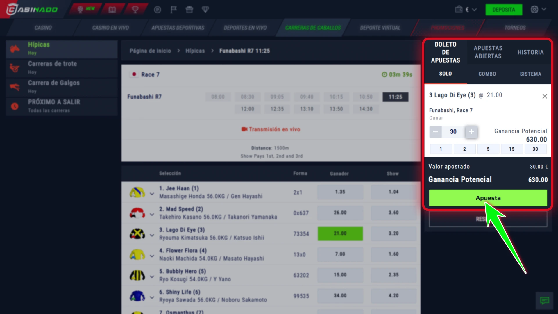 Confirma tu boleto de apuestas de hipismo con Casinado oficial.