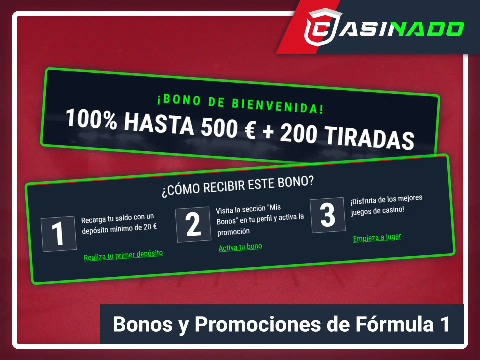 Reclama bonos deportivos para la Fórmula 1 con Casinado oficial.