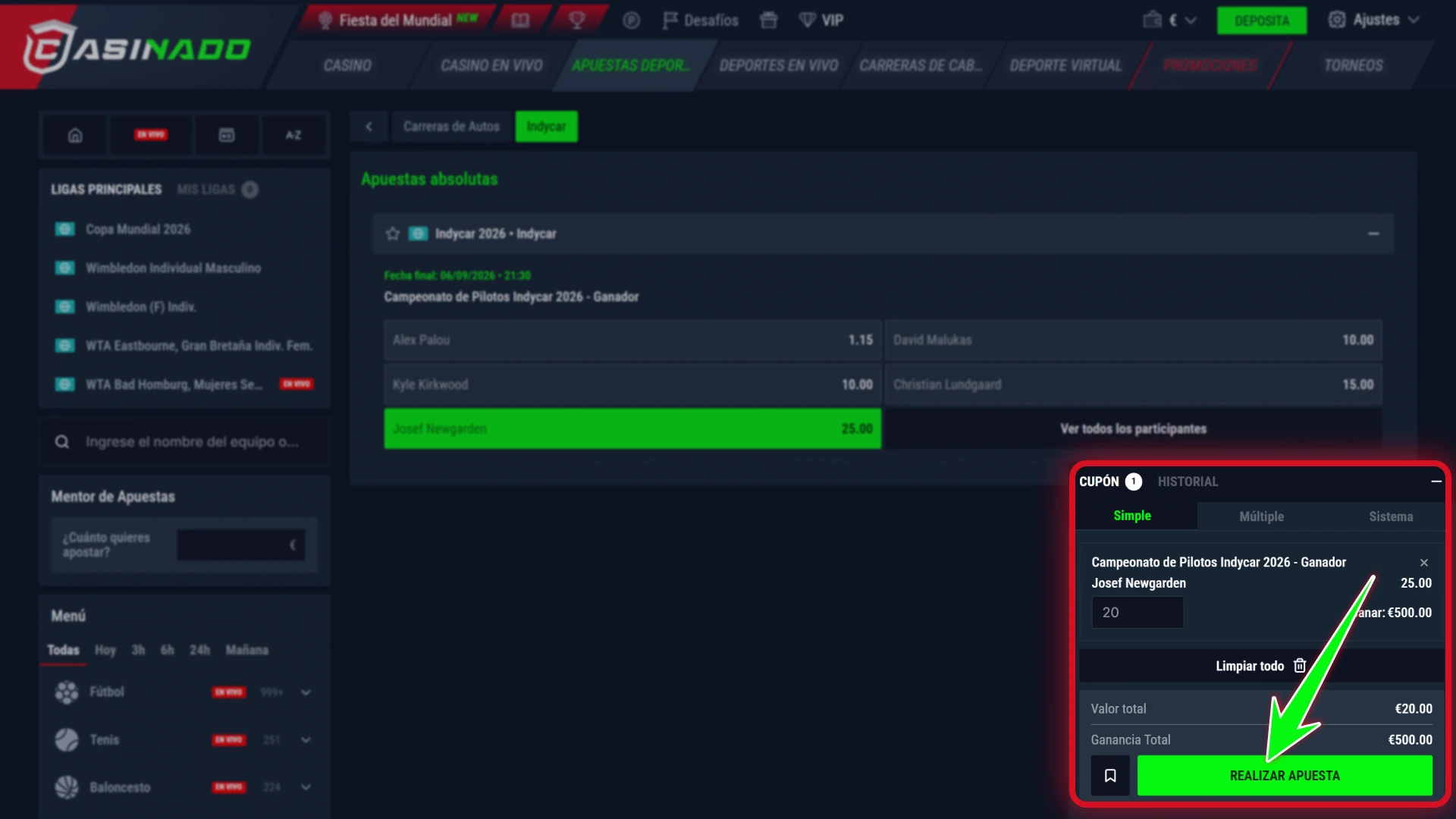 Confirma tu boleto de apuestas de automovilismo con Casinado oficial.