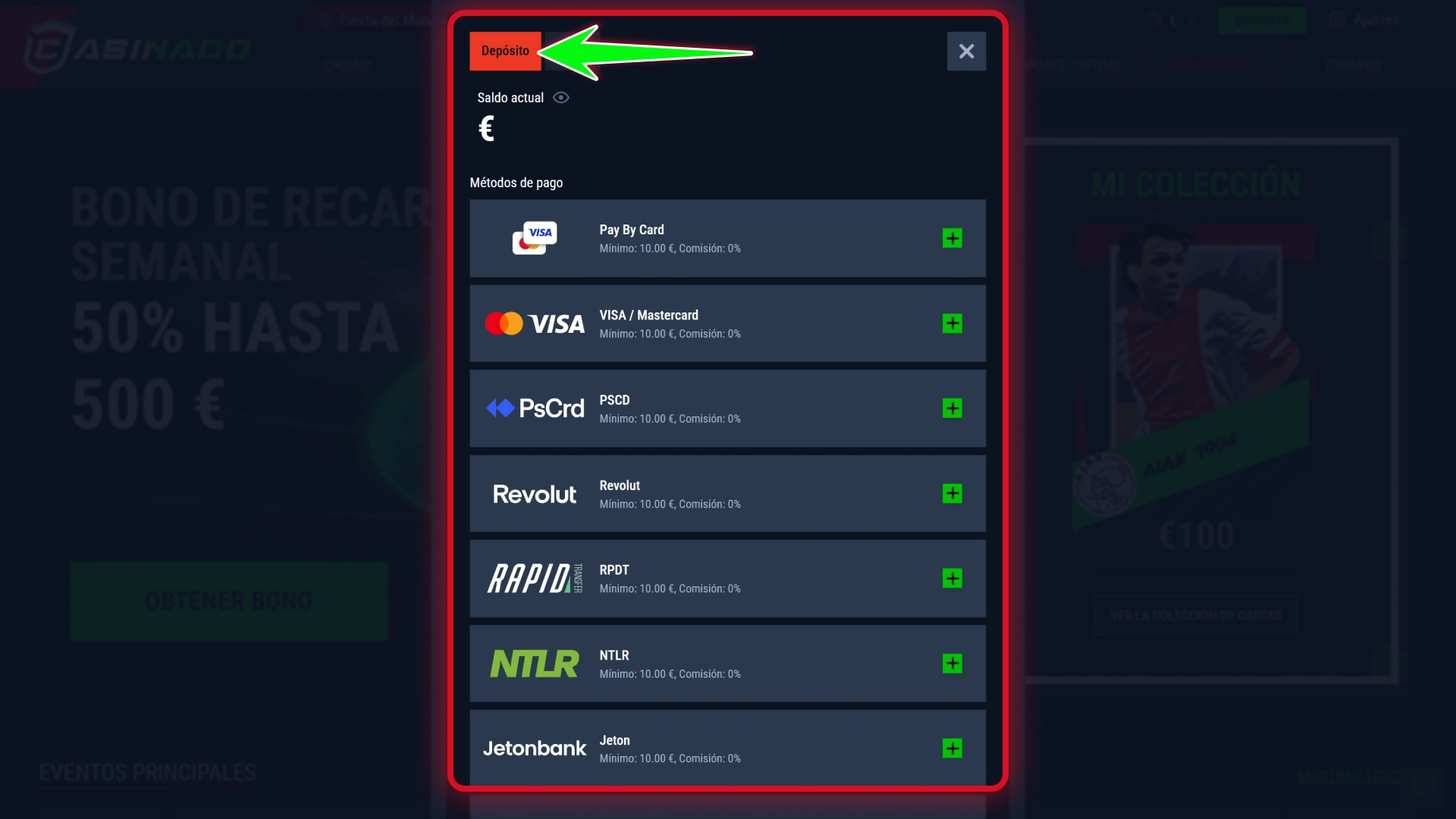 Recarga saldo real usando el cajero seguro de Casinado oficial.