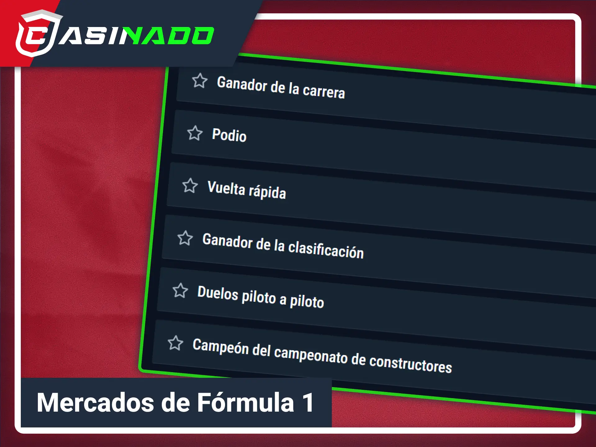 Encuentra diversos mercados para apuestas de automovilismo en Casinado oficial.