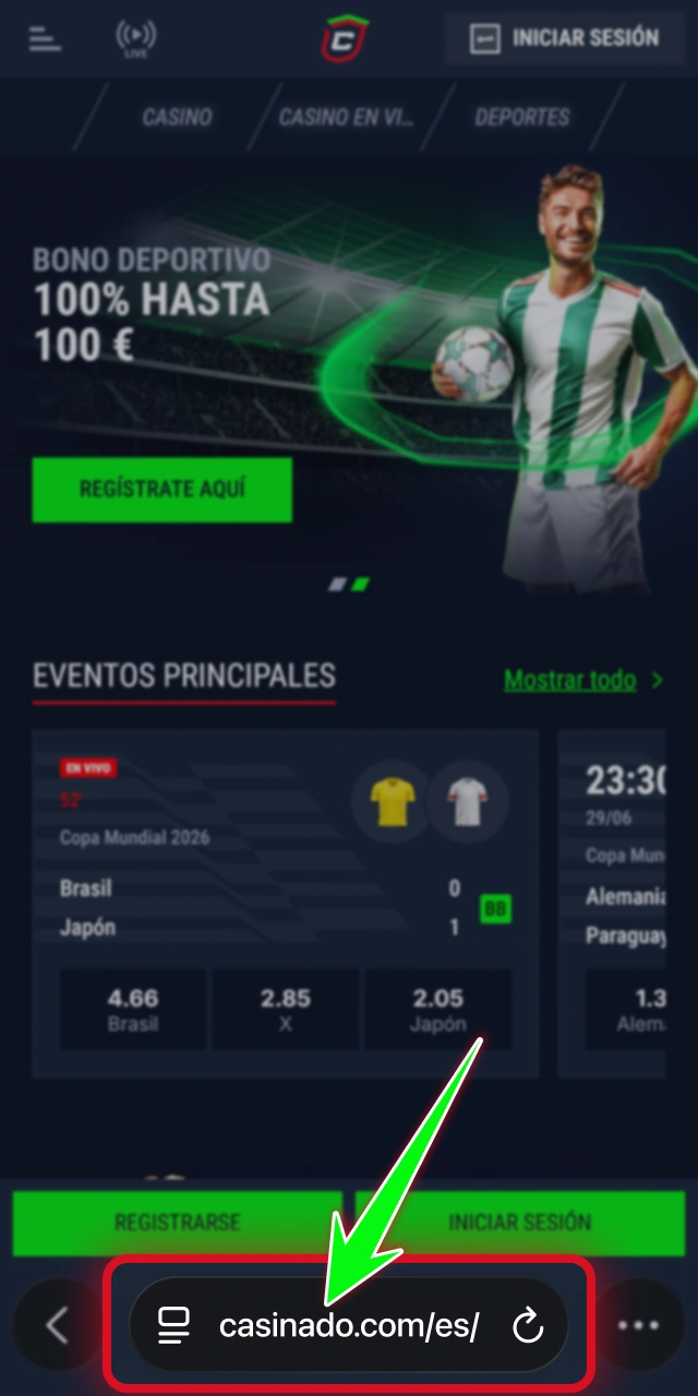Carga la página de juego móvil desde Casinado oficial.