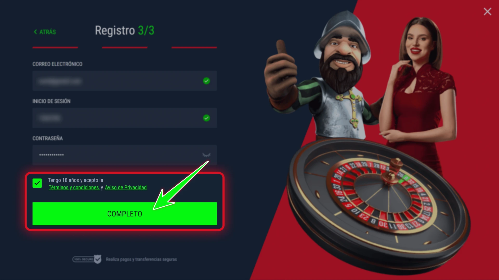 Confirma tu registro aceptando las condiciones de Casinado oficial.