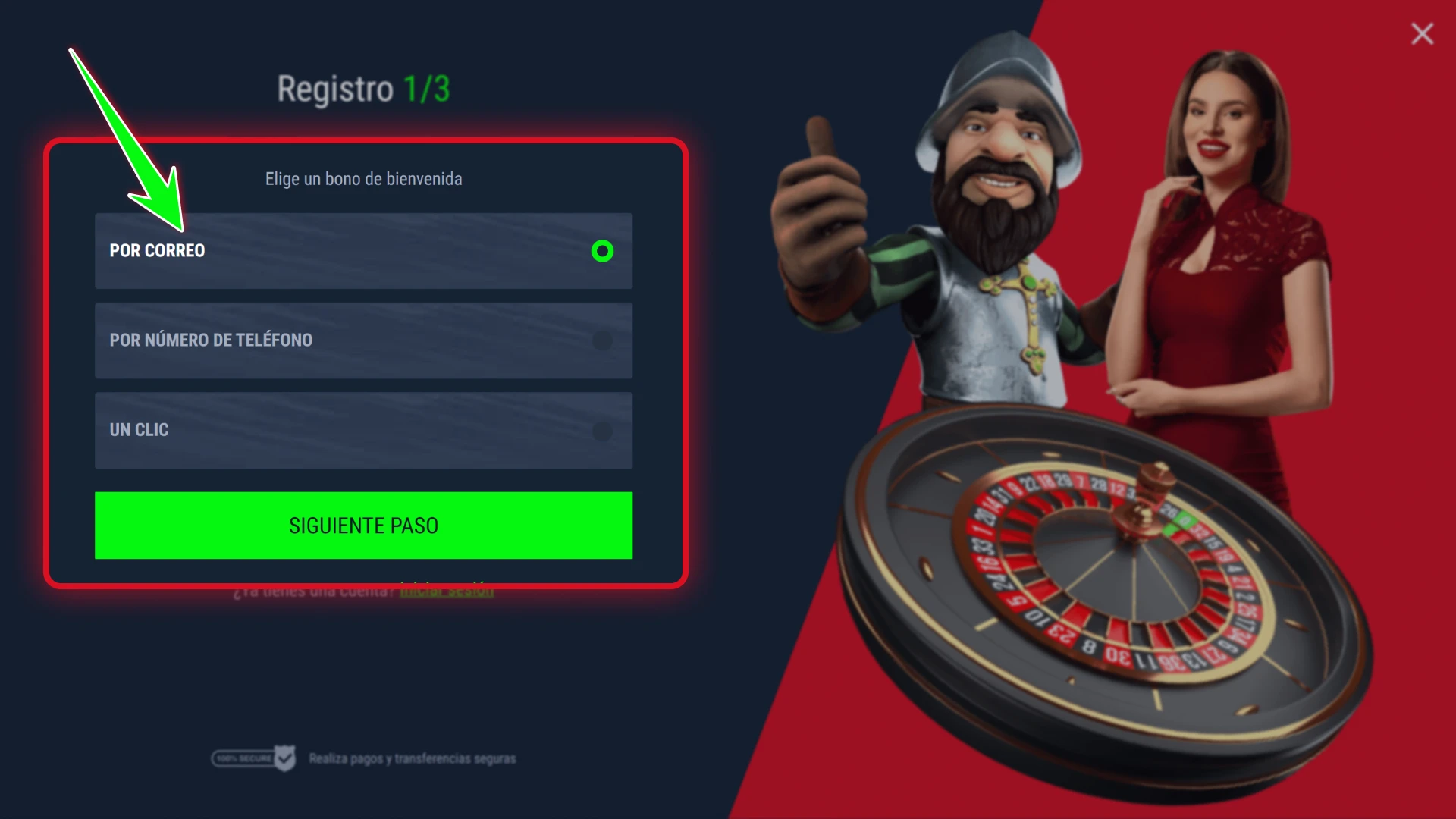 Selecciona tu método preferido de inscripción en Casinado oficial.