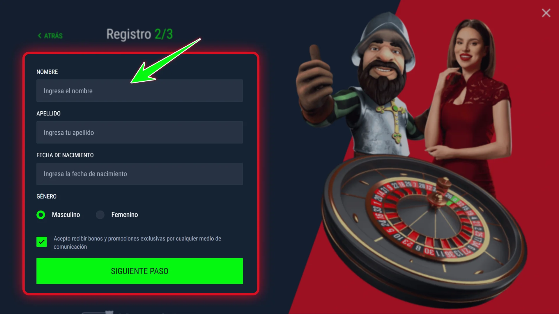 Rellena el formulario de datos reales en Casinado oficial.