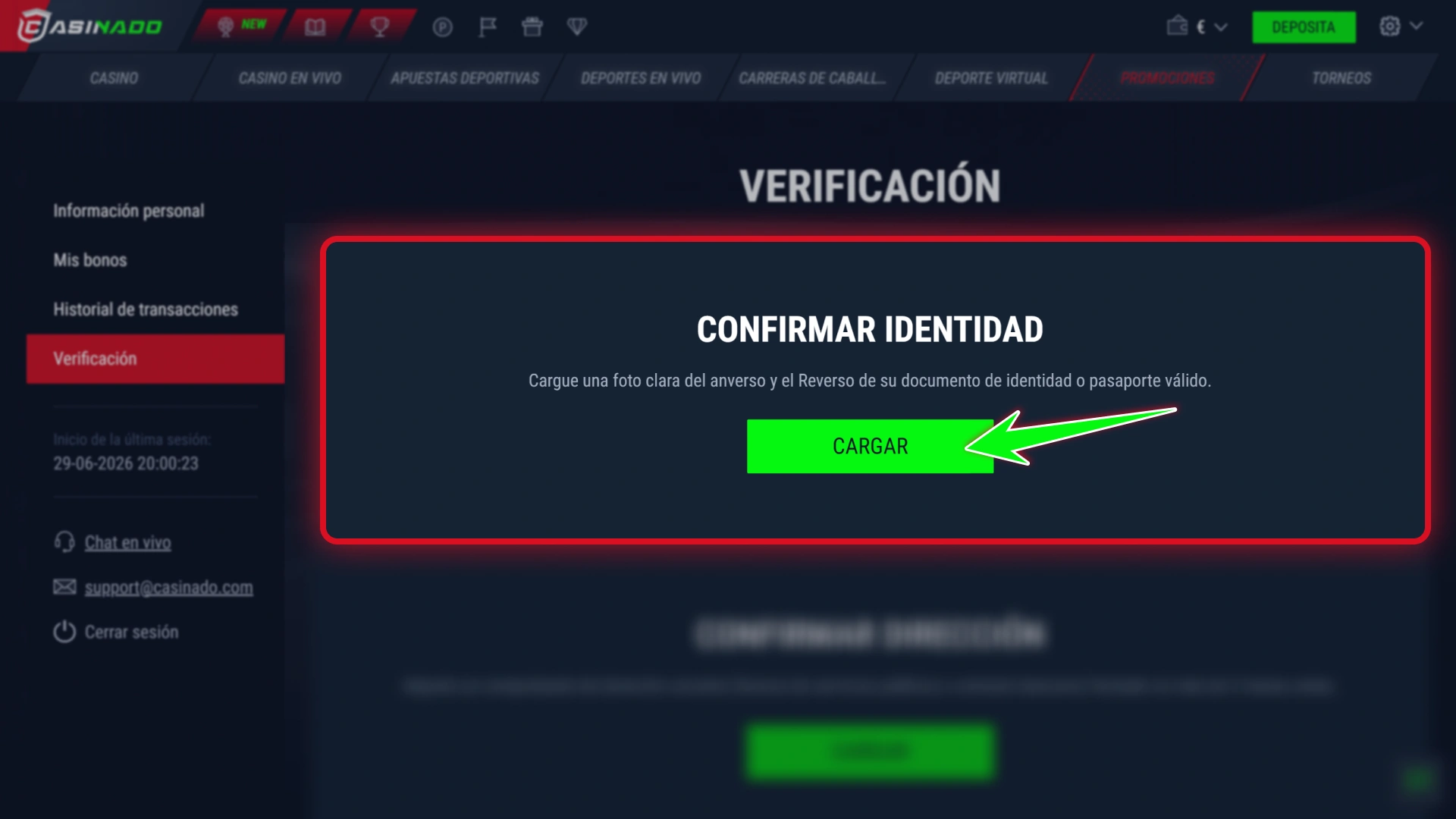 Sube una foto de tu documento de identidad en Casinado oficial.