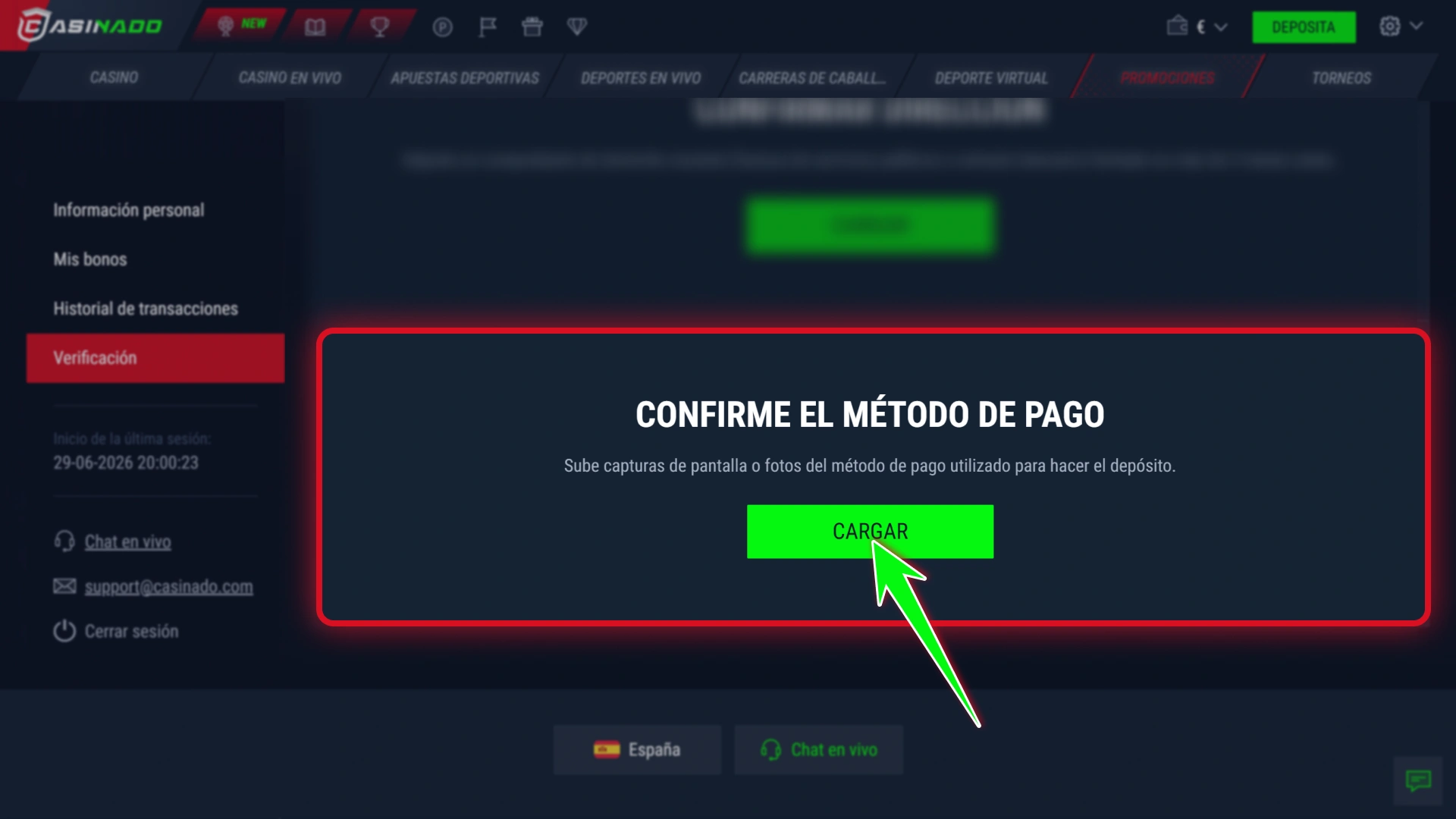 Confirma la propiedad de tus métodos de pago en Casinado oficial.