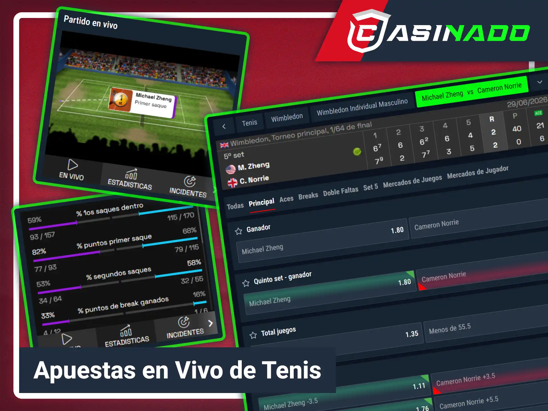 Realiza apuestas de tenis en vivo directo por Casinado oficial.