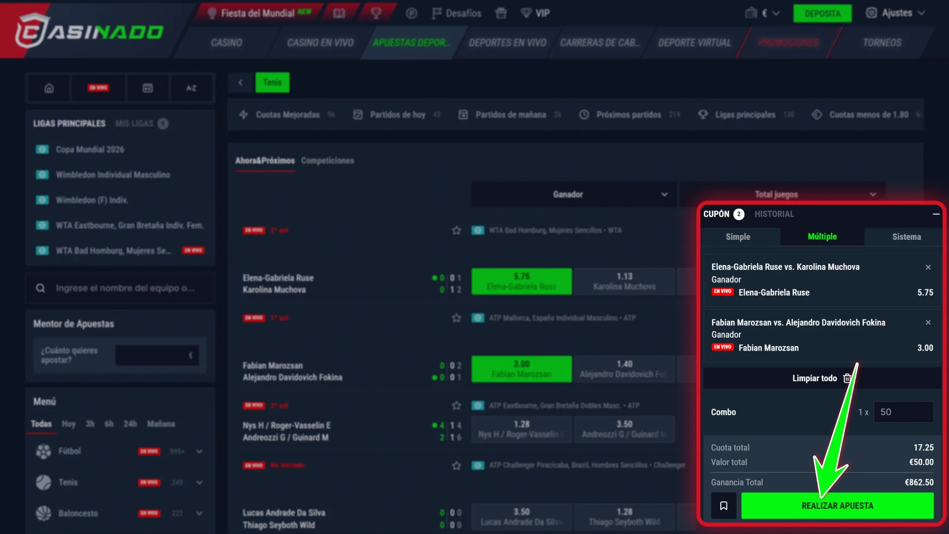 Confirma tu boleto de apuestas de tenis con Casinado oficial.